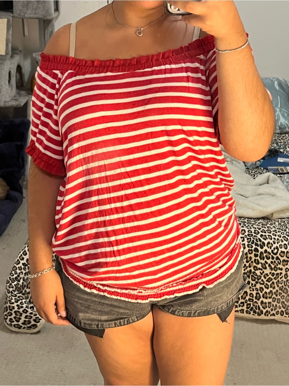 INC International Concepts Red & White Striped Off-Shoulder Tunic Top